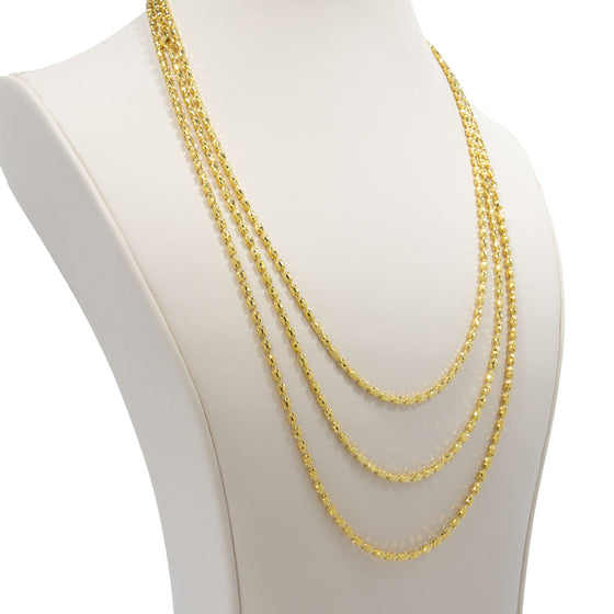 Barrel Yellow Gold Crystal Chain- 3mm | GOLDZENN- Side view detail of the chains in 3 length variations.