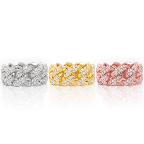 Iced Cuban Link Ring in Solid Gold 14k - 10mm | GOLDZENN Jewelry- Iced cuban link ring in yellow, rose and white gold closer view