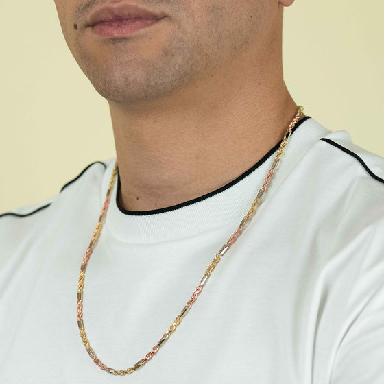Figarope Chain- 3.5mm - Tricolor Milano - 14k Solid Gold | GOLDZENN- Chain detail while wearing with a model.