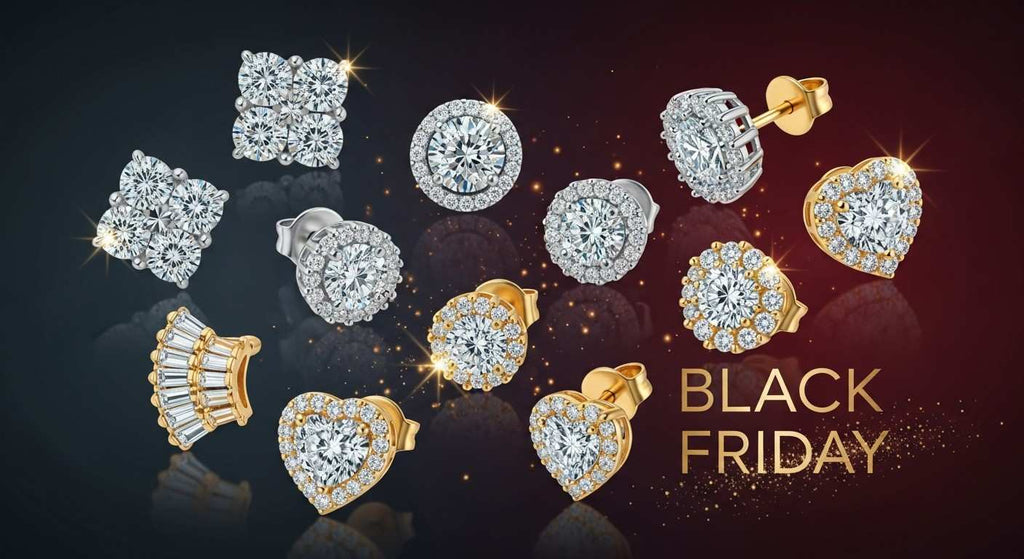 Goldzenn luxury diamond stud earrings collection featuring 10k and 14k yellow gold square cluster, baguette, and round halo designs for men and women.