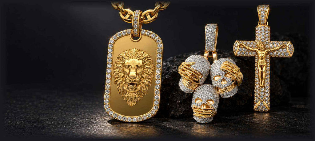 Alt="Luxury diamond pendant collection featuring a diamond cross pendant. Ethically sourced diamonds in gold."