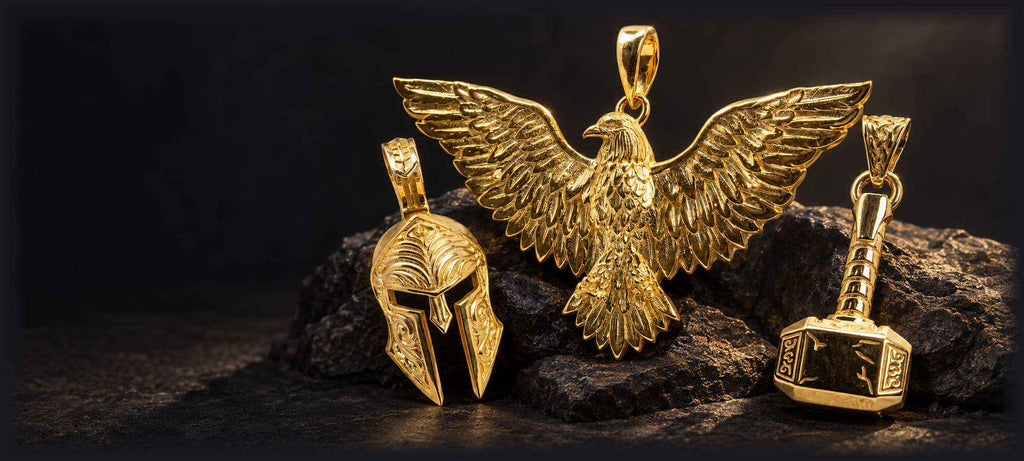 alt=" model wearing the eagle gold pendant"