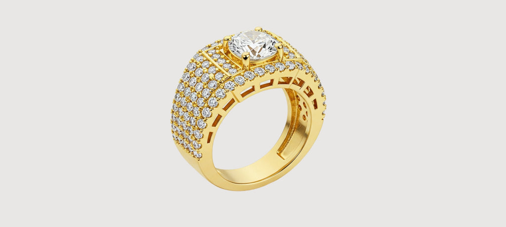 alt="Men's iced out  diamond ring in yellow gold"