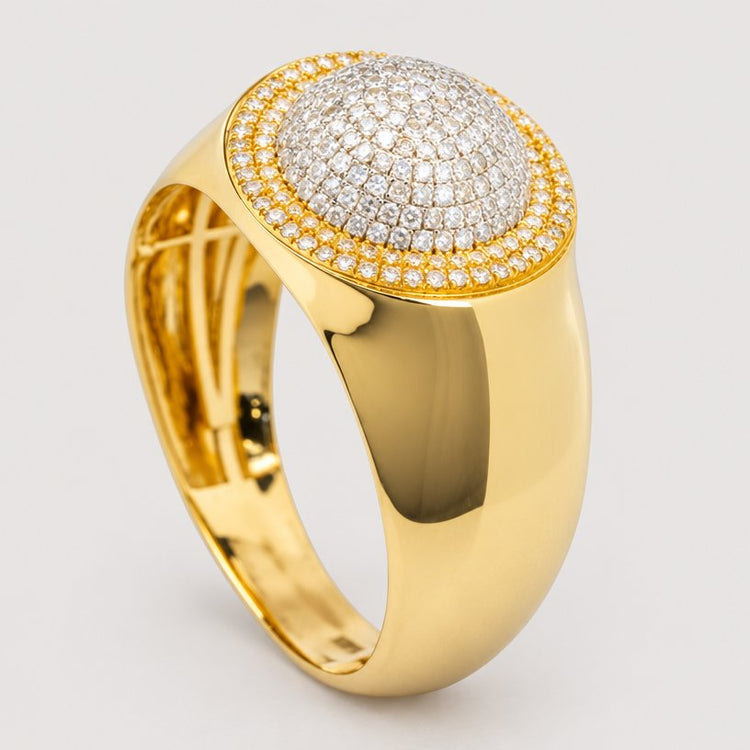 The 0.49 CTW Cluster Round Natural Diamond Ring features a wide band and a dome-shaped top with sparkling natural diamonds arranged in concentric circles, all beautifully set in luxurious 14k yellow gold.