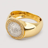The 0.49 CTW Cluster Round Natural Diamond Ring - 14k is a men’s ring crafted in 14K yellow gold, featuring a wide band and a round, domed top set with closely arranged natural diamonds for a shimmering effect.