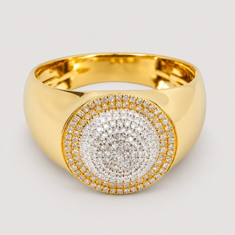 The 0.49 CTW Cluster Round Natural Diamond Ring in 14K yellow gold features a wide band and a large round centerpiece set with multiple sparkling natural diamonds arranged in concentric circles.
