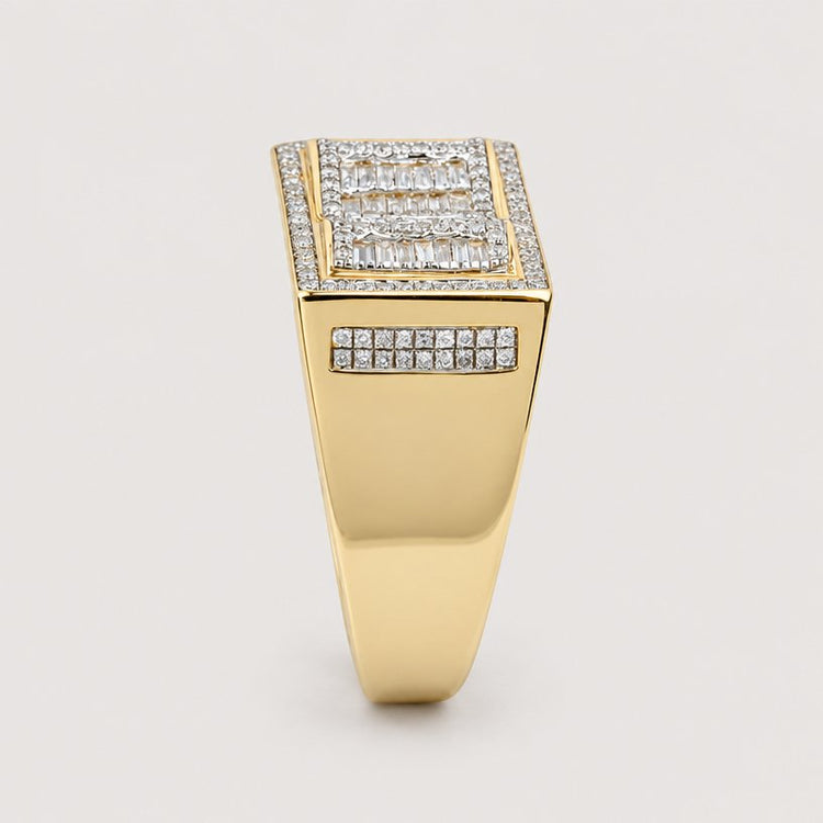 Here’s a rewritten sentence incorporating the product data: The 0.73 CTW Natural Diamond Cluster Ring in 14k yellow gold showcases a rectangular top adorned with rows of baguette and round natural diamonds, along with accent stones on the front side of the band—creating a bold and striking men’s statement piece.