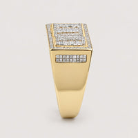 Here’s a rewritten sentence incorporating the product data: The 0.73 CTW Natural Diamond Cluster Ring in 14k yellow gold showcases a rectangular top adorned with rows of baguette and round natural diamonds, along with accent stones on the front side of the band—creating a bold and striking men’s statement piece.