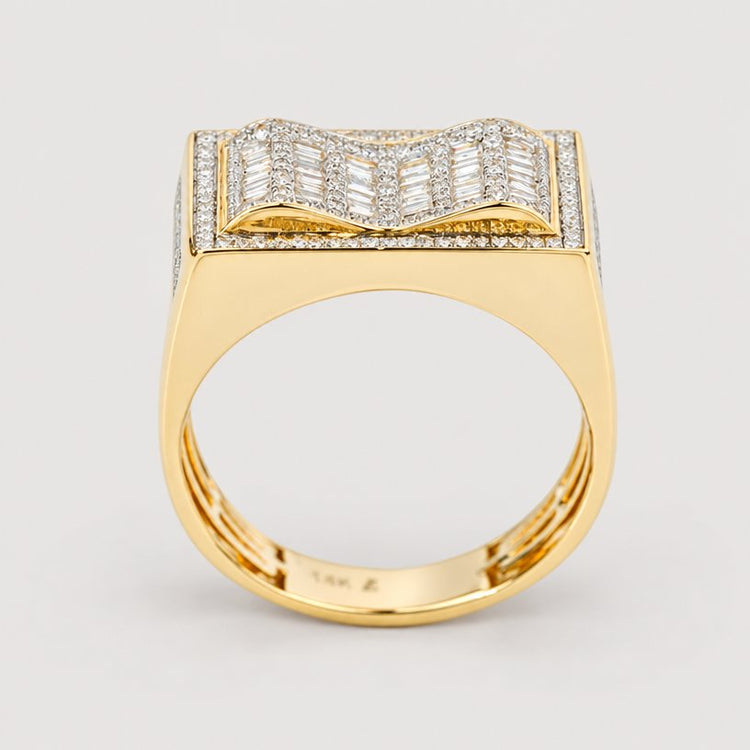 The 0.73 CTW Natural Diamond Cluster Ring in 14K yellow gold for men features a wide, rectangular top adorned with rows of natural diamonds, forming a striking wavy, three-dimensional cluster pattern.