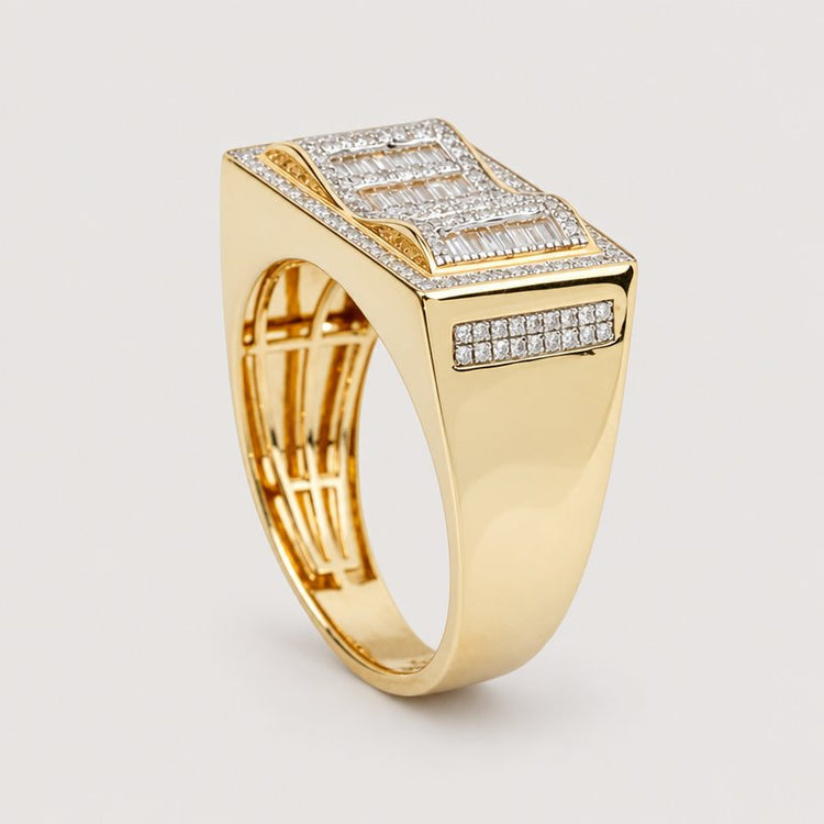 The 0.73 CTW Natural Diamond Cluster Ring in 14K yellow gold features a wide band, a sleek rectangular top with rows of natural diamonds, plus diamond side accents for a modern geometric look.