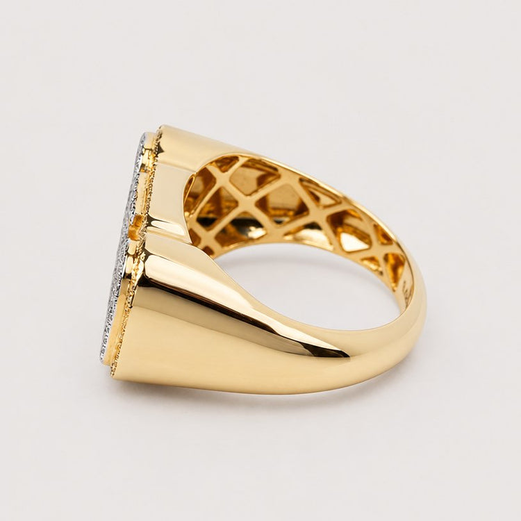 A sophisticated 14K Gold CEO ring, this stunning 0.78 CTW natural diamond cluster ring features a wide band with an intricate inner lattice design. Viewed from the side, the top showcases a cluster of sparkling diamonds, making it a perfect choice for those seeking elegance and style.