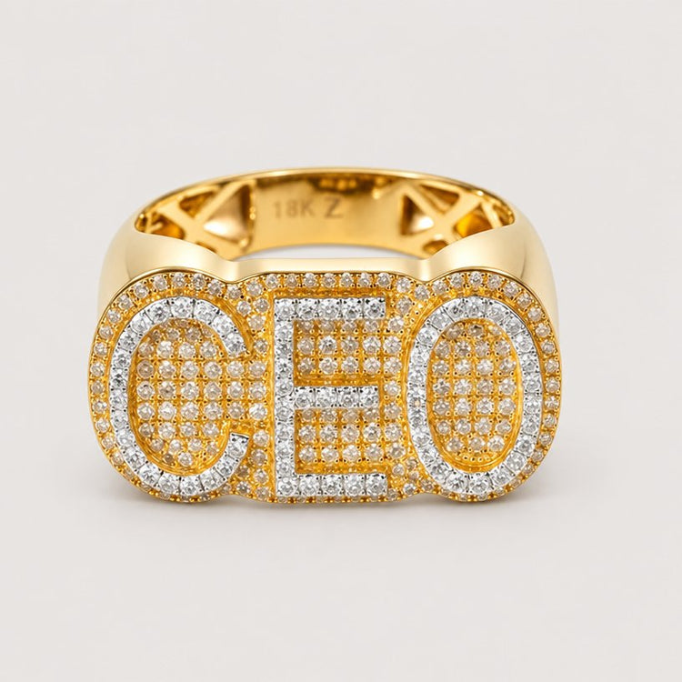The 0.78 CTW CEO Natural Diamond Cluster Ring in 14k Gold features bold “CEO” letters set with natural diamonds—a striking gold ring crafted for leaders who shine.