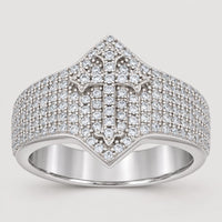 Introducing the 0.97ct Moissanite Cross Religious Ring—a stunning sterling silver piece showcasing a bold moissanite-studded cross at its center, encircled by sparkling gemstones along the wide band. Designed as men’s faith jewelry, this ring blends contemporary style with timeless devotion.