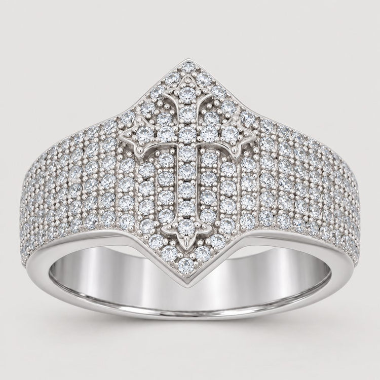Introducing the 0.97ct Moissanite Cross Religious Ring—a stunning sterling silver piece showcasing a bold moissanite-studded cross at its center, encircled by sparkling gemstones along the wide band. Designed as men’s faith jewelry, this ring blends contemporary style with timeless devotion.