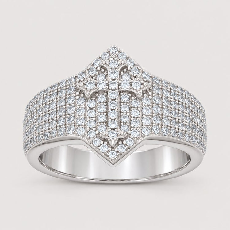The 0.97ct Moissanite Cross Religious Ring features a shimmering silver band adorned with sparkling stones and a central cross motif—an ideal choice for those seeking elegant spiritual jewelry.
