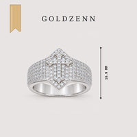 The 0.97ct Moissanite Cross Religious Ring is showcased on a light background, featuring a bold cross design and measuring 16.9 mm in height. Above the ring, the word GOLDZENN appears alongside a gold ribbon on the left, enhancing the elegant appeal of this stylish men’s moissanite ring.