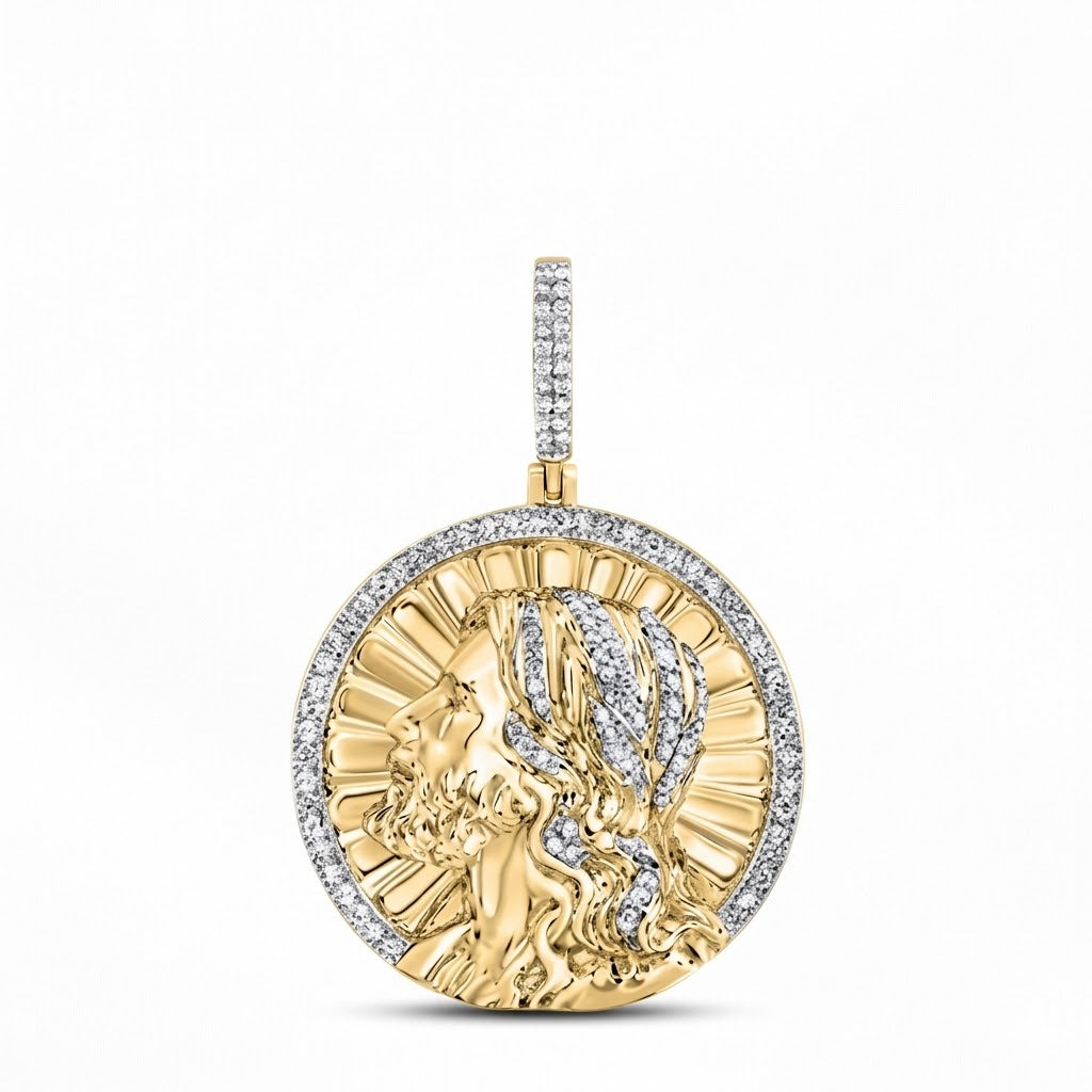 The 1/2CTW Natural Diamond Jesus Charm in 10K gold features a halo of sparkling diamonds and an elegant diamond-encrusted bail—an ideal addition to any men's religious pendant collection.