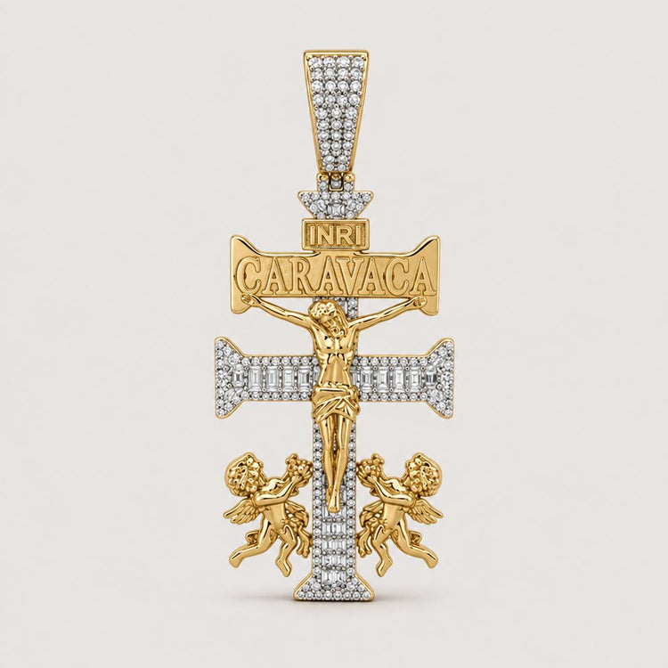 The 1.25CT Diamond Caravaca Cross Charm in 10K gold showcases the crucified Jesus, two angels at the base, and the “INRI CARAVACA” inscription, all accented with sparkling diamonds for a striking look.