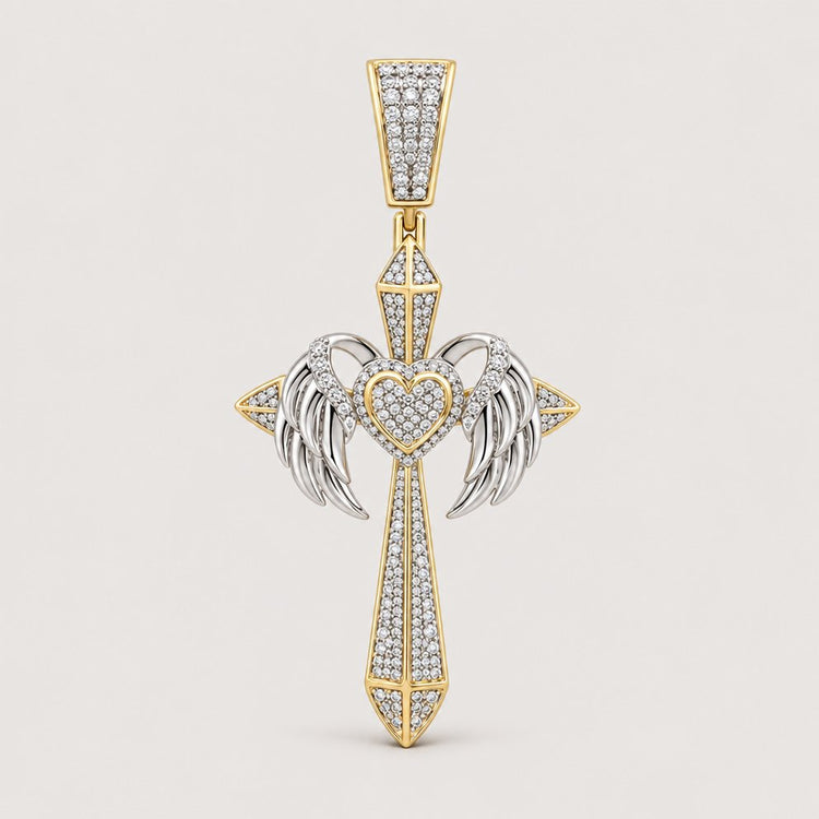 The 1 1/5CTW Natural Diamond Chrome Hearts Cross Charm in 10K gold features angel wings and a central heart, encrusted with sparkling diamonds for hip hop flair, displayed on a warm off-white studio background.
