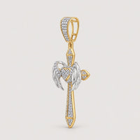 The 1 1/5CTW Natural Diamond Chrome Hearts Cross Charm is crafted in 10K gold, featuring a cross pendant with heart and angel wing accents, detailed design, and sparkling natural diamonds—a bold hip hop jewelry piece.
