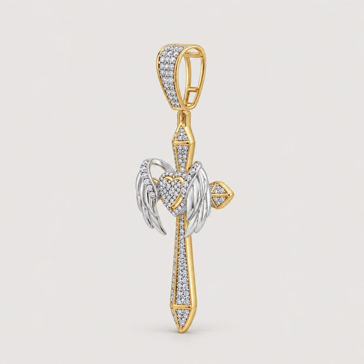 The 1 1/5CTW Natural Diamond Chrome Hearts Cross Charm is crafted in 10K gold, featuring a cross pendant with heart and angel wing accents, detailed design, and sparkling natural diamonds—a bold hip hop jewelry piece.