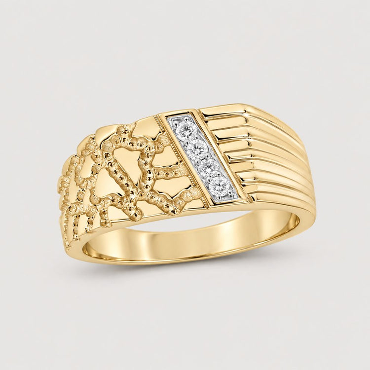 The 1/10CTW Diamond Nugget Men’s Ring in 10k gold features a textured lattice on one side, diagonal lines on the other, and a central triangular section set with three natural diamonds.