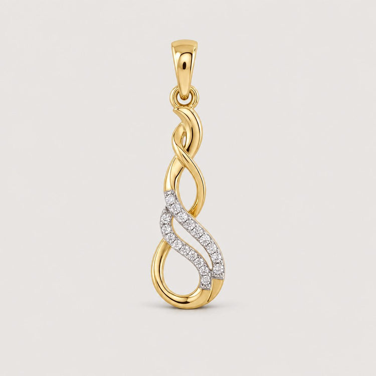 1/20 CTW Diamond Infinity Pendant crafted in 10k gold, showcasing an elegant twisted infinity design with a row of natural diamonds along one curve, set against a plain warm off-white studio background.