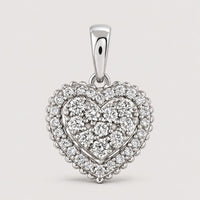The 1/2 CTW Diamond Heart Pendant in 14K Gold features a heart-shaped design encrusted with sparkling diamonds, scalloped edges, and a polished bail, shown against a plain warm off-white studio background.