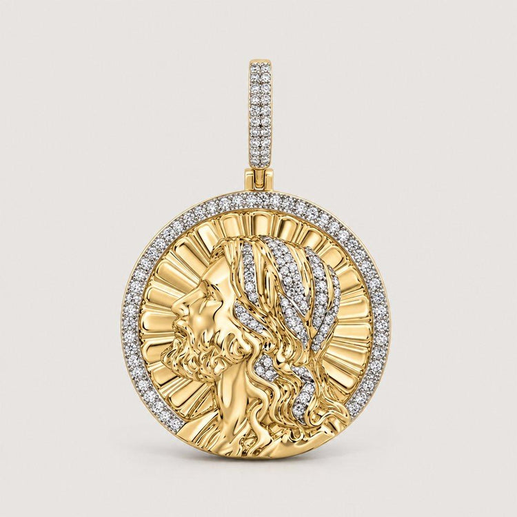 The 1/2CTW Natural Diamond Jesus Charm in 10K gold features a halo of sparkling diamonds and an elegant diamond-encrusted bail—an ideal addition to any men's religious pendant collection.