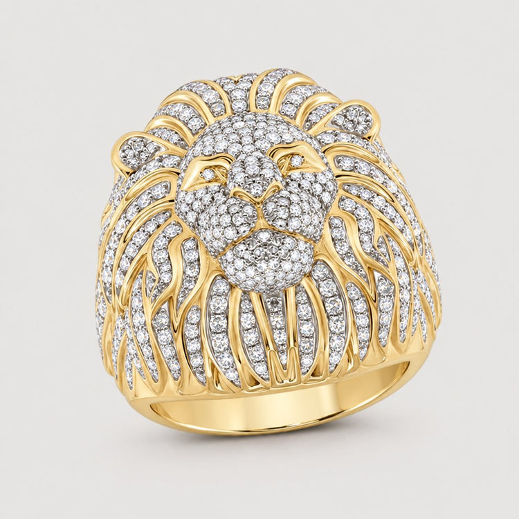 The 1 3/4CTW Lion Face Diamond Men’s Ring in 10k gold features a detailed lion's head design set with sparkling diamonds on the face and mane, making it a bold statement piece.