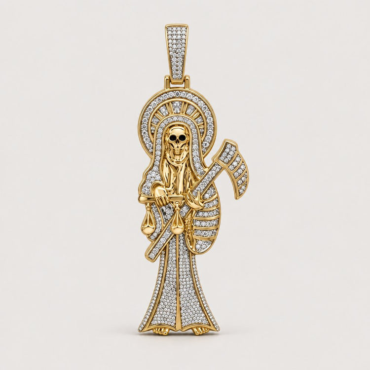 1-3/4CTW natural diamond Santa Muerte charm in 10K yellow gold, featuring a robed skeleton with scythe and halo motif—an exquisite men's pendant shown against a plain warm off-white studio background.