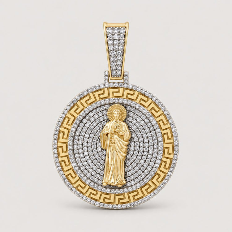 The 1-3/4CTW St. Jude Diamond Charm in 10k Gold showcases a central saint figure, Greek key border, concentric diamond rows, and a sparkling diamond-studded bail for an elegant men's pendant.