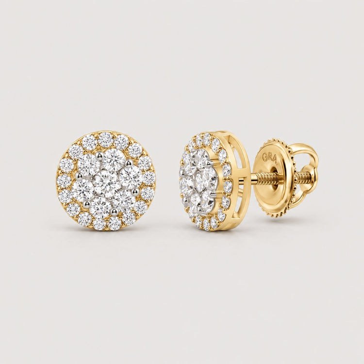 1 3/8CTW Diamond Flower Earrings in 10K Gold feature round-cut diamonds in a flower cluster design with sparkling white center stones and a halo of smaller gems, finished with secure screw-back closures.