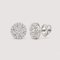 The 1 3/8CTW Diamond Flower Earrings in 10K Gold feature a sparkling cluster design, beautifully shown from the front and side to highlight the dazzling face and secure screw-back closure.