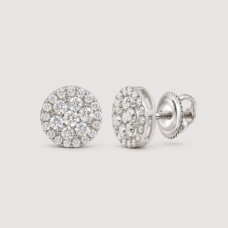 The 1 3/8CTW Diamond Flower Earrings in 10K Gold feature a sparkling cluster design, beautifully shown from the front and side to highlight the dazzling face and secure screw-back closure.