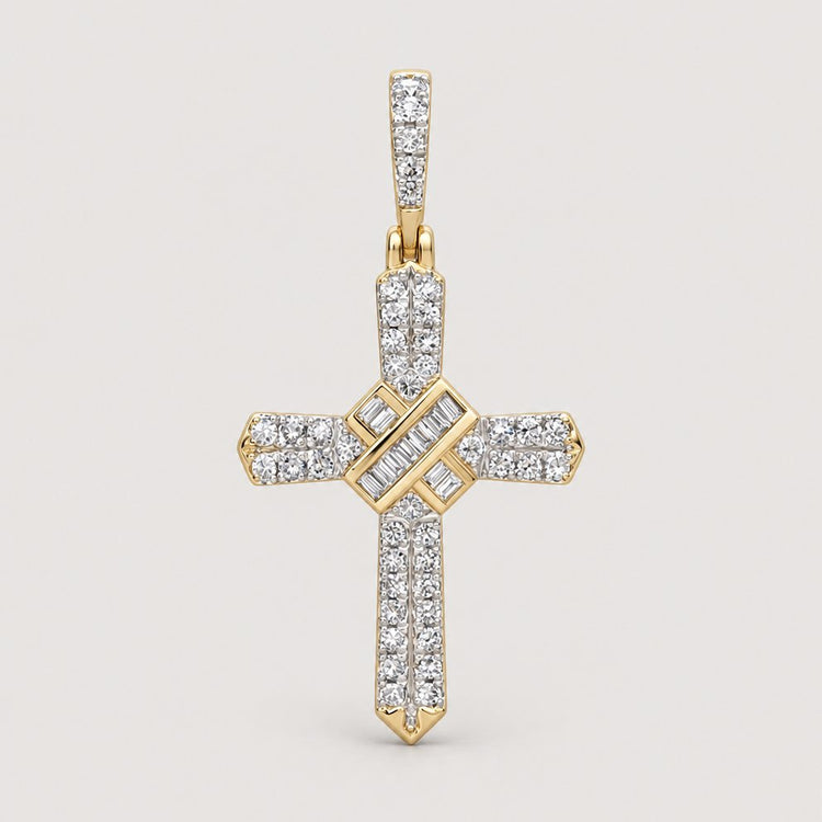 The 1/4 CT Natural Diamond Cross Pendant in 10K gold displays elegant spiritual jewelry with a geometric center and sparkling diamonds on each arm, set against a warm off-white studio background.