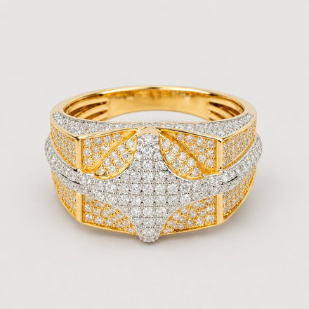 The 1.57 CTW Natural Diamond Cluster Ring in 14k yellow gold features men's styling with an intricate geometric design and numerous sparkling natural diamond clusters on the band and center.