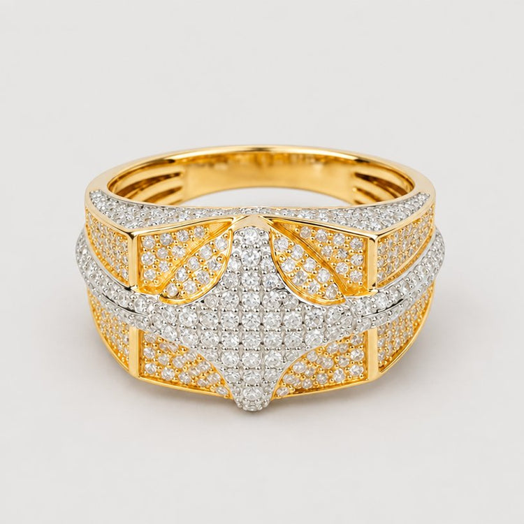 The 1.57 CTW Natural Diamond Cluster Ring in 14k yellow gold features men's styling with an intricate geometric design and numerous sparkling natural diamond clusters on the band and center.