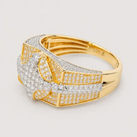 The 1.57 CTW Natural Diamond Cluster Ring in 14k yellow gold showcases a bold design, with numerous white diamonds set across a wide band and a striking, shield-shaped center for a luxurious men's statement piece.