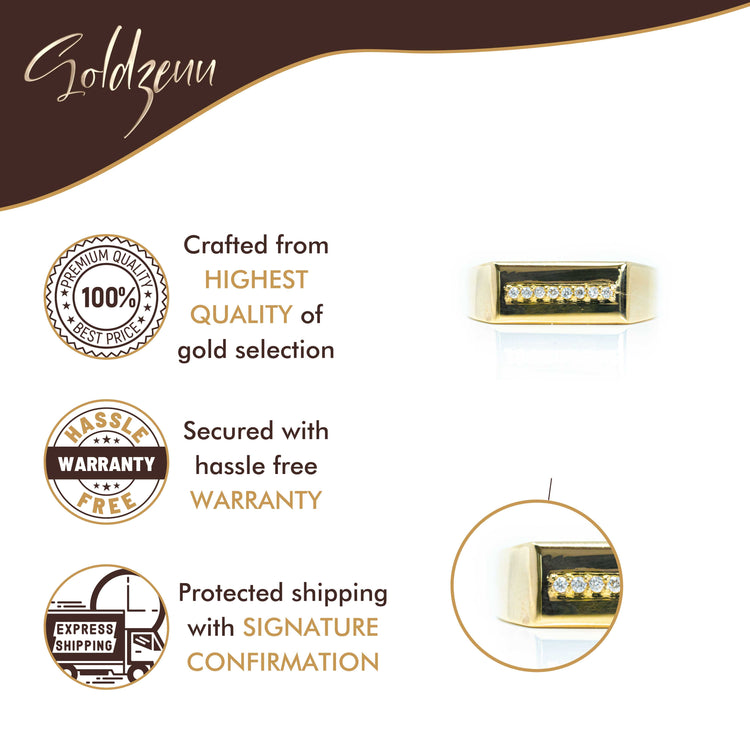 Promotional image for Goldzeum showcasing the Signet with Line of Gemstones Ring - 10k Gold, adorned with sparkling gems. Highlights include premium gold quality, hassle-free warranty, and shipping with signature confirmation.