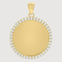 The 10K Solid Gold Custom Picture Pendant with CZ Stones features a smooth center, sparkling CZ border, and gold bail—ideal for creating truly personalized jewelry.