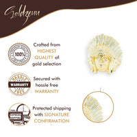 Goldzeuu promotional image featuring the Indian Ring in 10K Solid Gold. Text highlights hassle-free warranty and signature-confirmed shipping. Includes icons for warranty and shipping.