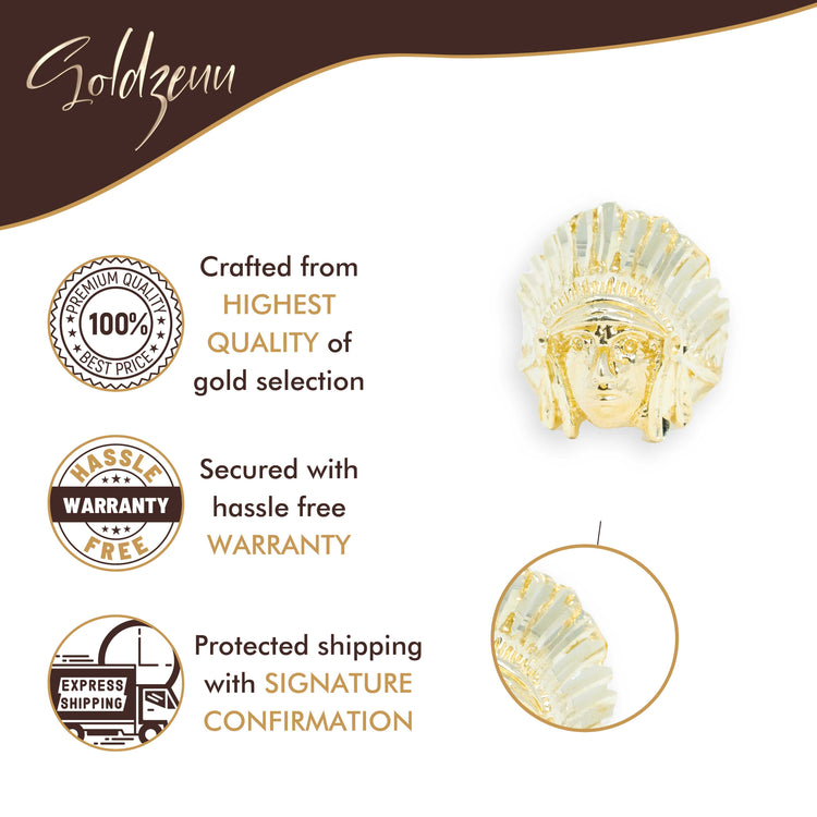 Goldzeuu promotional image featuring the Indian Ring in 10K Solid Gold. Text highlights hassle-free warranty and signature-confirmed shipping. Includes icons for warranty and shipping.