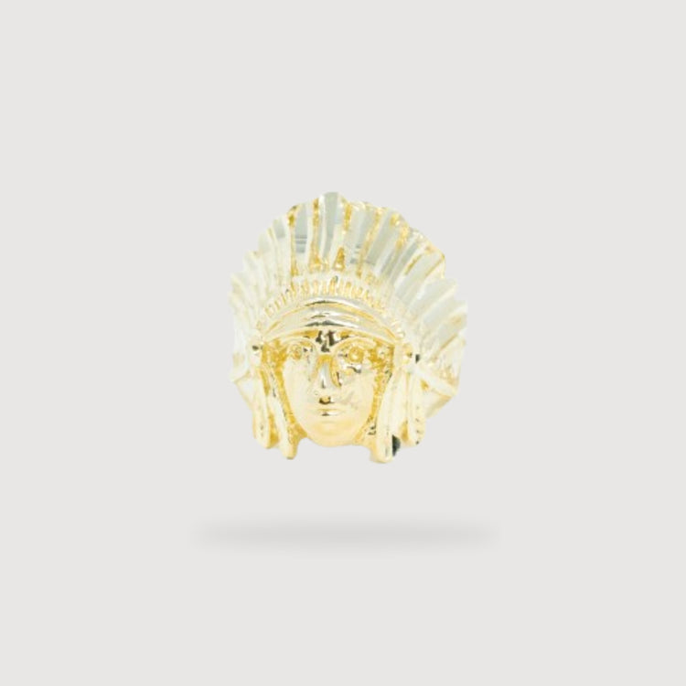 The Indian Ring – 10K Solid Gold is a men's gold ring showcasing a face with a feathered headdress, crafted from 10K solid gold and displayed against a plain light gray background.