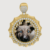 A 10k Gold Picture Pendant with CZ Stone Cluster showcases a photo of a dog with striking blue eyes, creating stunning personalized jewelry.