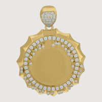 The 10k Gold Picture Pendant with CZ Stone Cluster features a round shape, jagged sunburst edge, and a smooth center for custom photos. Its border and bail are accented with sparkling CZ stones for added brilliance.