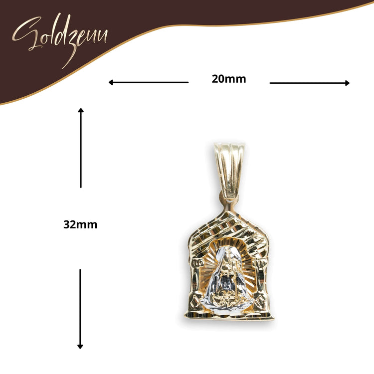 The Lady Charity Caridad Del Cobre Pendant – 10k Solid Gold Men’s Pendant features a detailed figure, measures 32mm x 20mm, and is displayed on a white background with measurement arrows and the Soldzeuu logo in the top left.