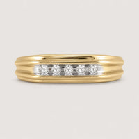 The 10k Two-Tone Gold Diamond Wedding Band – 1/8 Cttw features a grooved design with five round diamonds set in a horizontal row across the center.