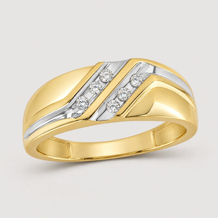 The 10k Two-Tone Gold Diamond Wedding Band – 1/8 Cttw features three round diamonds set in a diagonal white gold stripe, creating a sleek stackable accent ring, shown on a plain warm off-white studio background.