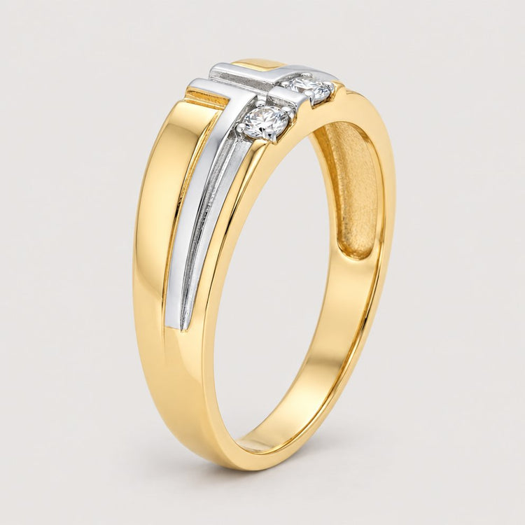 The 10k Two-Tone Gold Diamond Wedding Band – 1/8 Cttw features a flat top, two small diamonds, silver accents, and a thick polished band for a contemporary, elegant style.